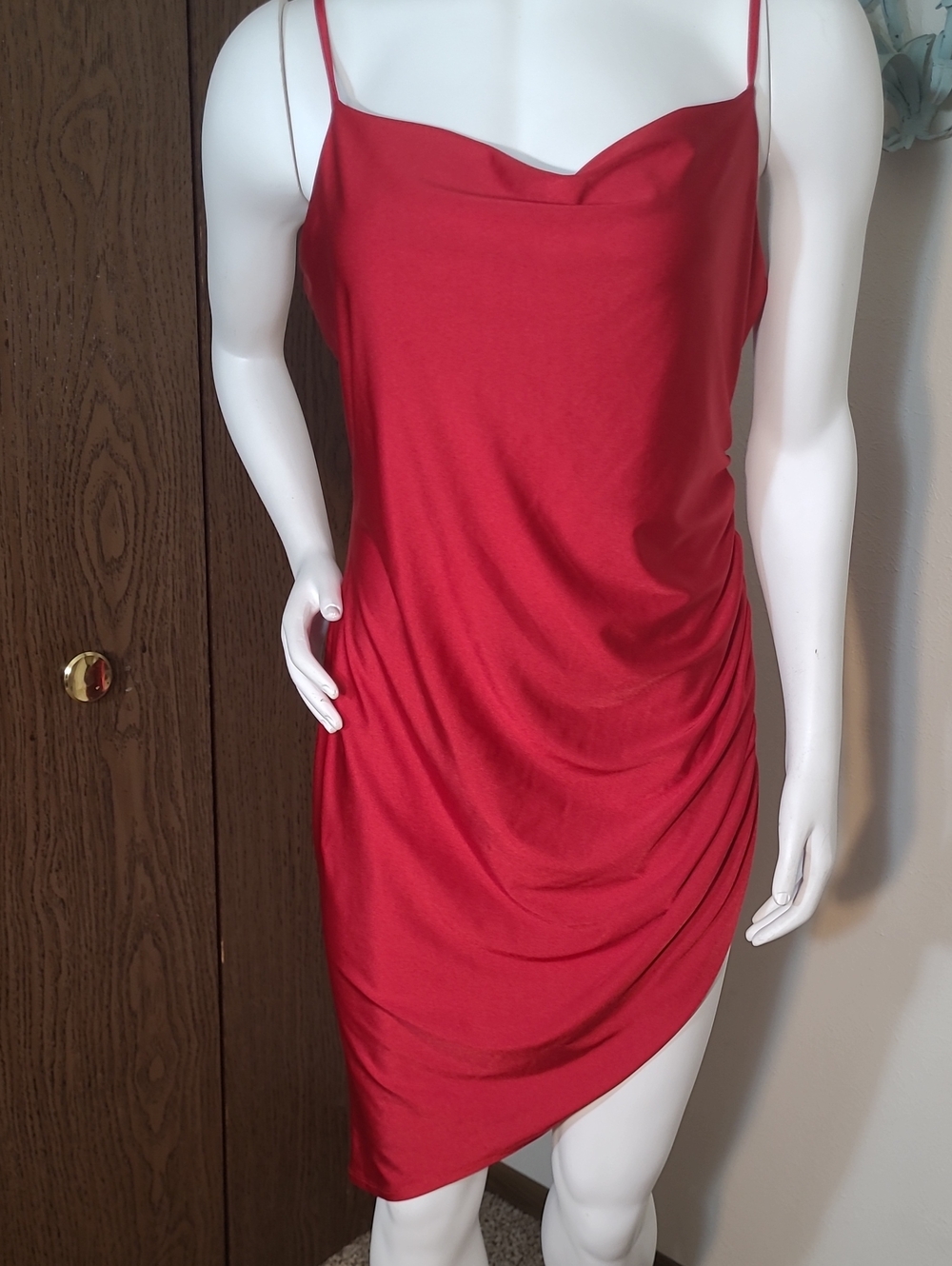Zenobia Red Asymmetrical Cowl Slip Dress